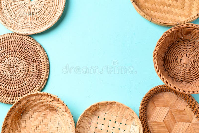 Round-flat Rattan Basket Isolated on the White Background Stock