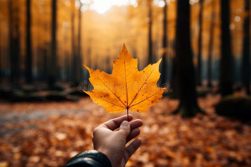 Handkritzelt ein gelbes Blatt, umgeben von zarten Herbstwald stock abbildung
