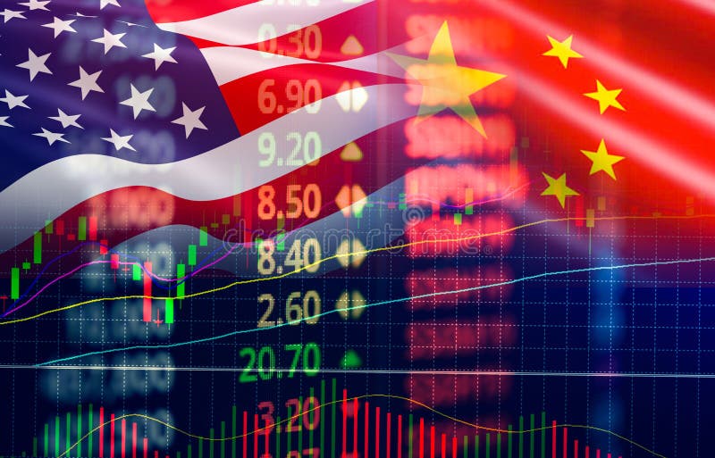 Handla analys för utbytet för aktiemarknaden för grafen för ljusstaken för krigekonomi USA Amerika och Kina flagga