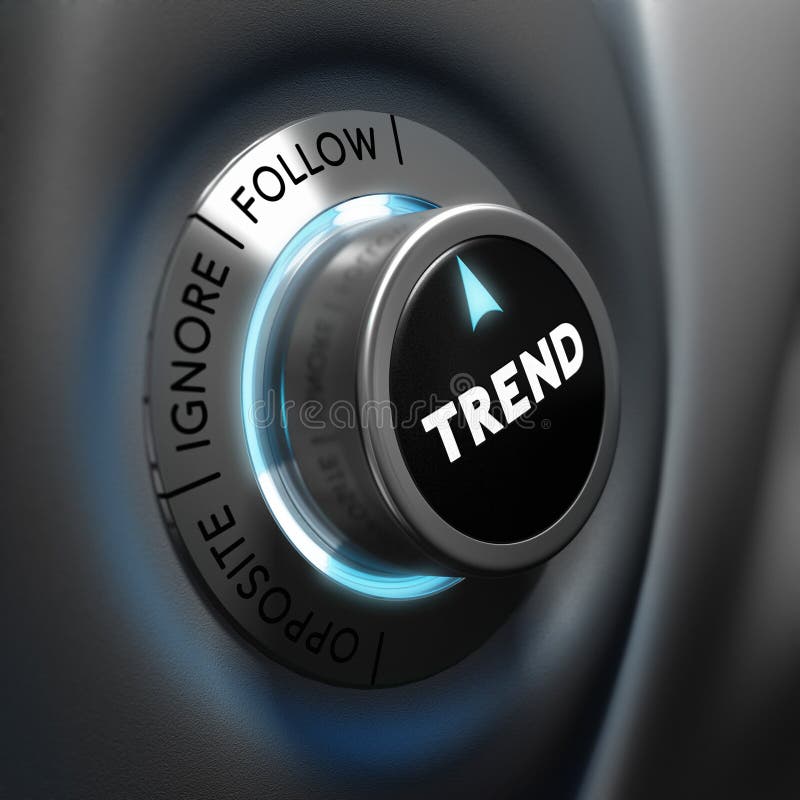 Trading concept, trend button pointing the word follow over dark grey and blue background, focus and blur effect. Trading concept, trend button pointing the word follow over dark grey and blue background, focus and blur effect