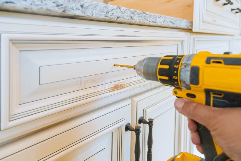 Handle Installation Drawers In Kitchen Cabinet Stock Image Image