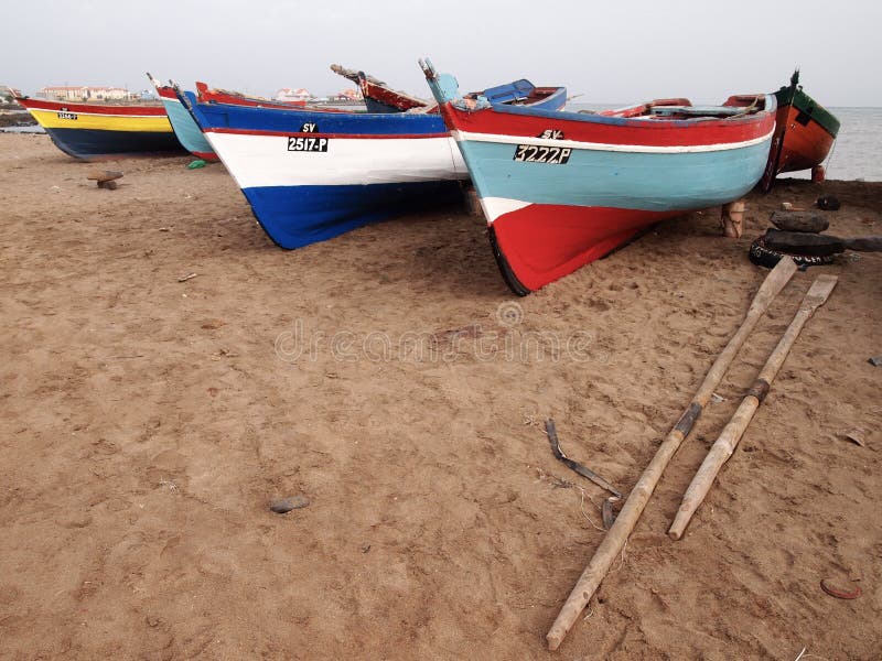 Artisanal wooden fishing boats in Sao Vicente, one of the Cape Verde islands