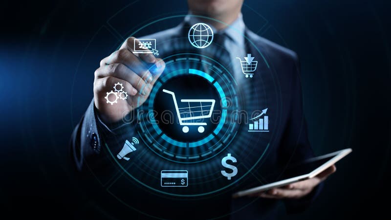 Handlu elektronicznego Cyfrowego marketingu i sprzedaży technologii Online Robi zakupy biznesowy pojęcie