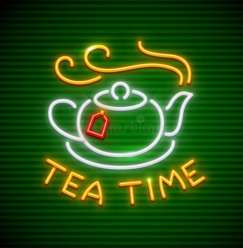 Handluje porcelany świeżego porcelanowe truskawek herbatę razem Neonowa ikona z gorącym teapot ilustracja wektor