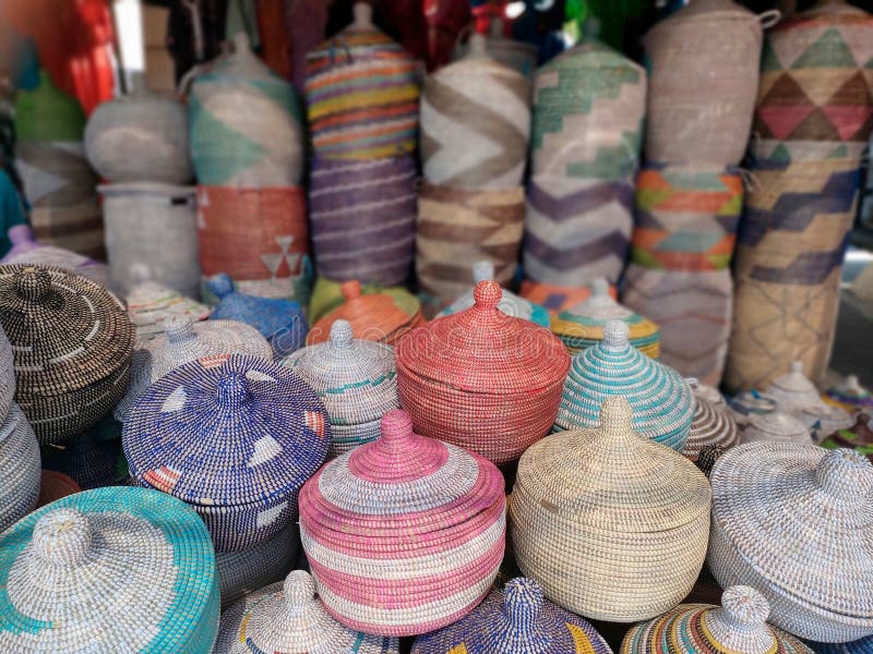 Handmade African Wicker Baskets in Different Sizes and Colours Stock