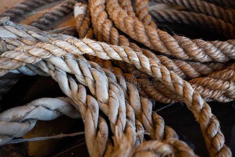 Handmade Bast String, Coils of Thick Rope for a Boat Stock Image