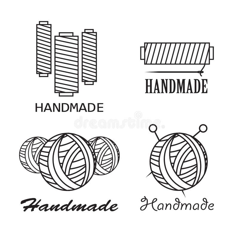 Handmade black thin line icons on white background. Handmade workshop logo set stock illustration