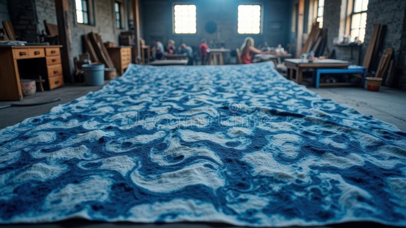 Handmade blue and white textured felt fabric in artisan workshop setting vector illustration