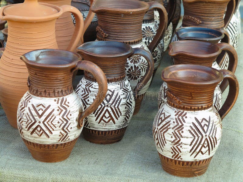 Handmade ceramic clay brown pottery, souvenirs at handicraft mar