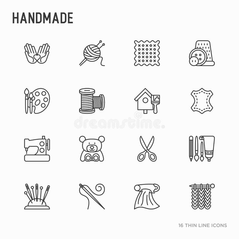 Handmade thin line icons set: sewing machine, knitting, needlework, drawing, embroidery, scissors, threads, yarn, pin. Modern vector illustration for workshop issue. Handmade thin line icons set: sewing machine, knitting, needlework, drawing, embroidery, scissors, threads, yarn, pin. Modern vector illustration for workshop issue.