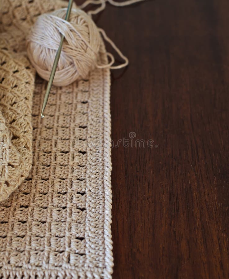 Handmade Crocheted with White Cotton Threads on a Wooden Table Stock Photo Image of board