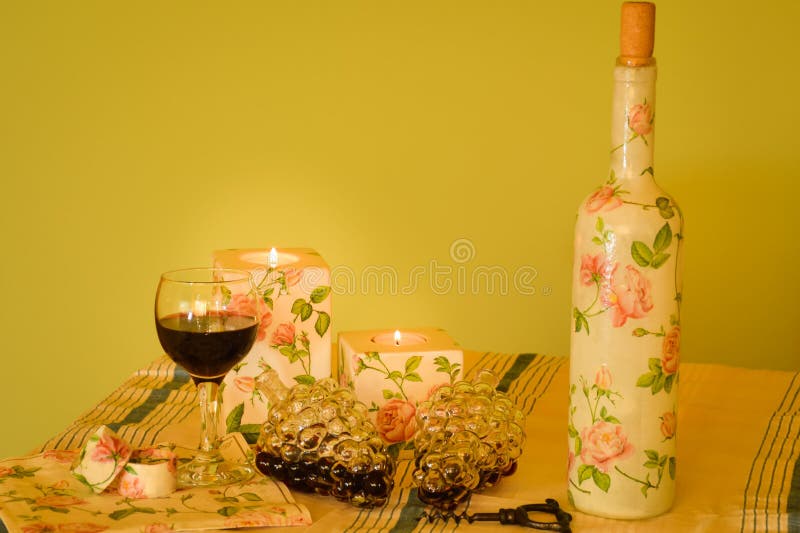 Handmade decorated objects and wine