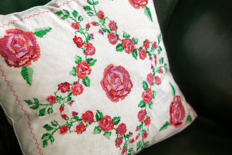 Handmade Decorative Pillow with Rose Embroidery. Stock Image Image of