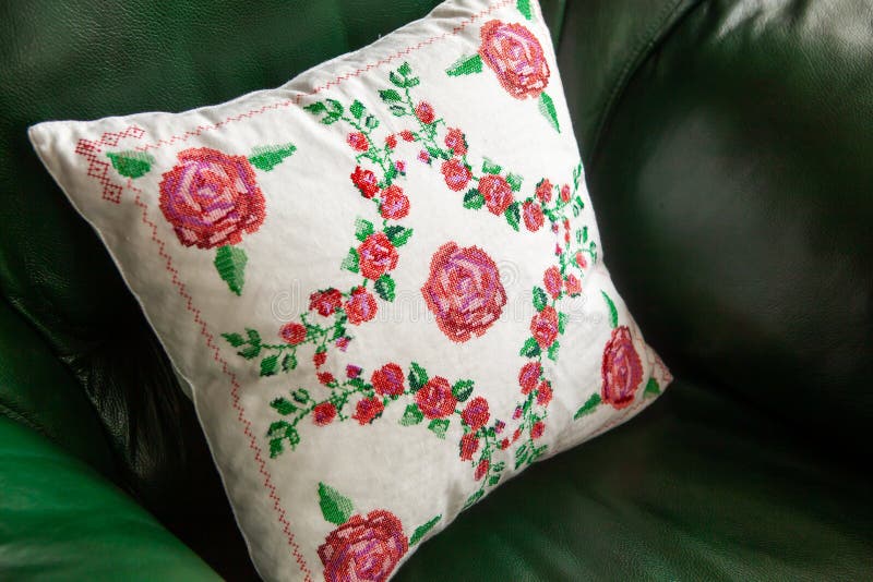 Handmade Decorative Pillow with Rose Embroidery. Stock Photo Image of