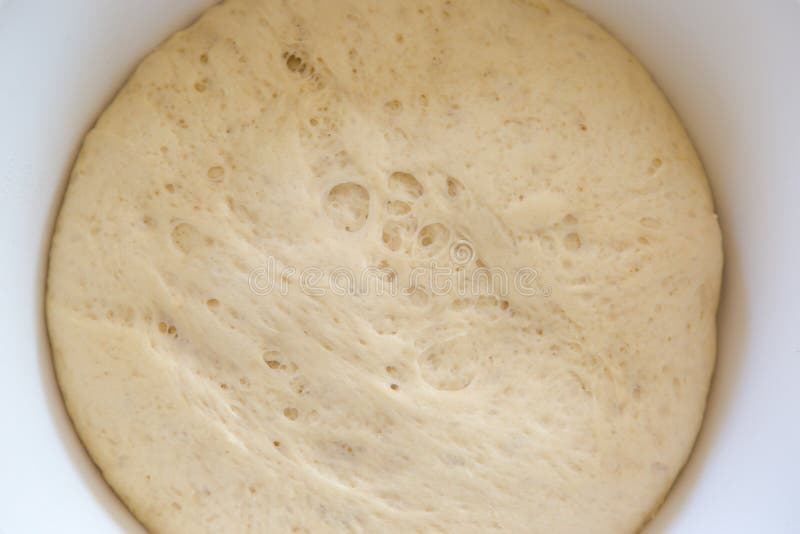 Handmade Fresh Yeast Dough in Bowl with Visible Holes Stock Photo