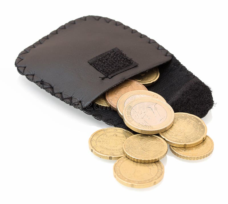 Handmade leather wallet change coin purse with EURO coins isolated on white background with shadow reflection. Leather coin purse. stock photo