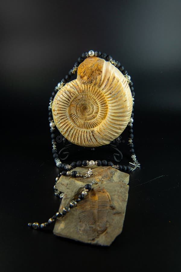 Handmade necklace and earrings made of silver and volcanic stone on ammonite and trilobite on black royalty free stock image