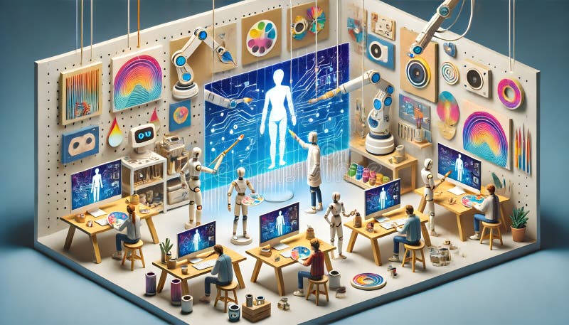 Handmade paper cut style futuristic art studio where AI and humans collaborate on creating art.- AI Generated