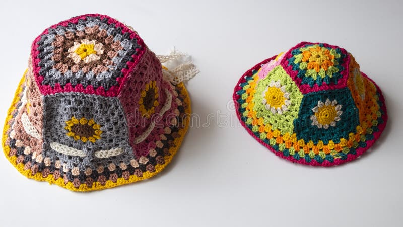 Handmade product, colorful cute bucket hat with many piece. Top view handmade product to make spring present, colorful bucket hat with many piece link together stock photos Handmade product, colorful cute bucket hat with many piece. Top view handmade product to make spring present, colorful bucket hat with many piece link together stock photos