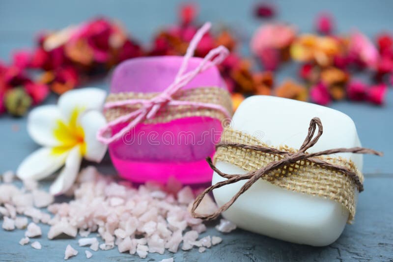 Spa Setting with Natural Soaps and Flower. for Aromatherapy. Stock