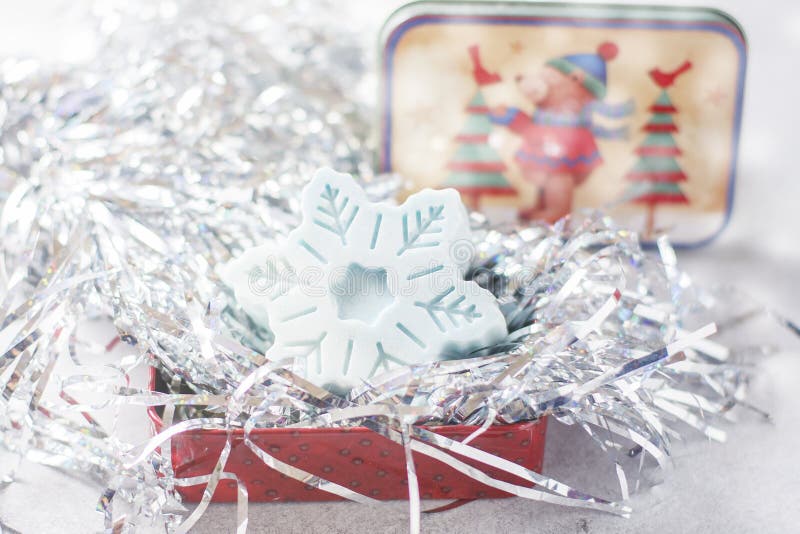 Handmade soap in the form of snowflakes, natural cosmetics concept. Place for text. Selective focus. Soap snowflake stock images, royalty-free photos and pictures