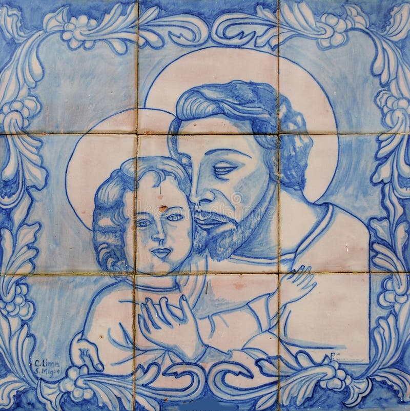 Handmade old tiles with Jesus on a wall in Ponta Delgada, Sao Miguel, Azores. Handmade old tiles with Jesus on a wall in Ponta Delgada, Sao Miguel, Azores