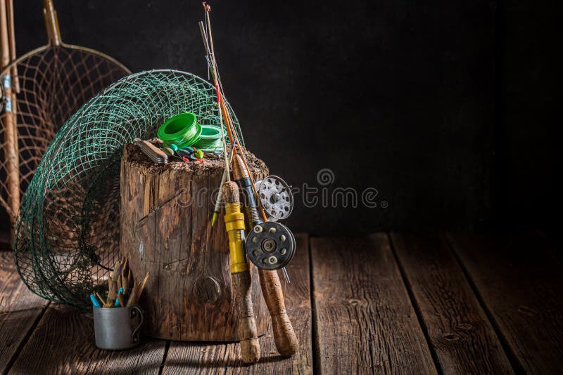 Handmade stuff for angler with rod and lures. Fishing equipment