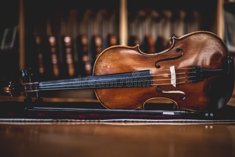 Handmade Viola Leaning Sideways with a Row of Violins on the Background