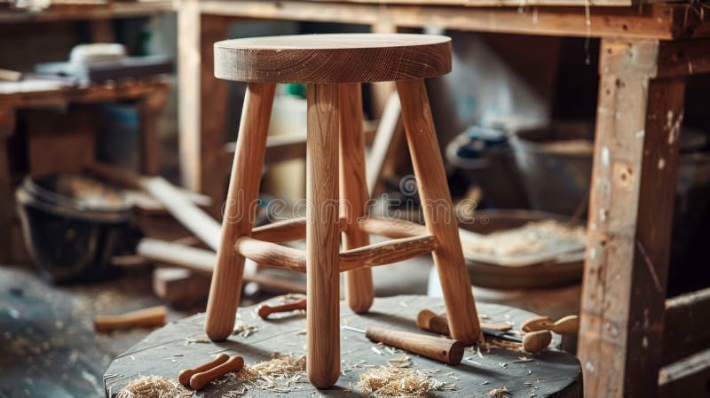 Handmade Wooden Stool in Rustic Workshop stock illustration