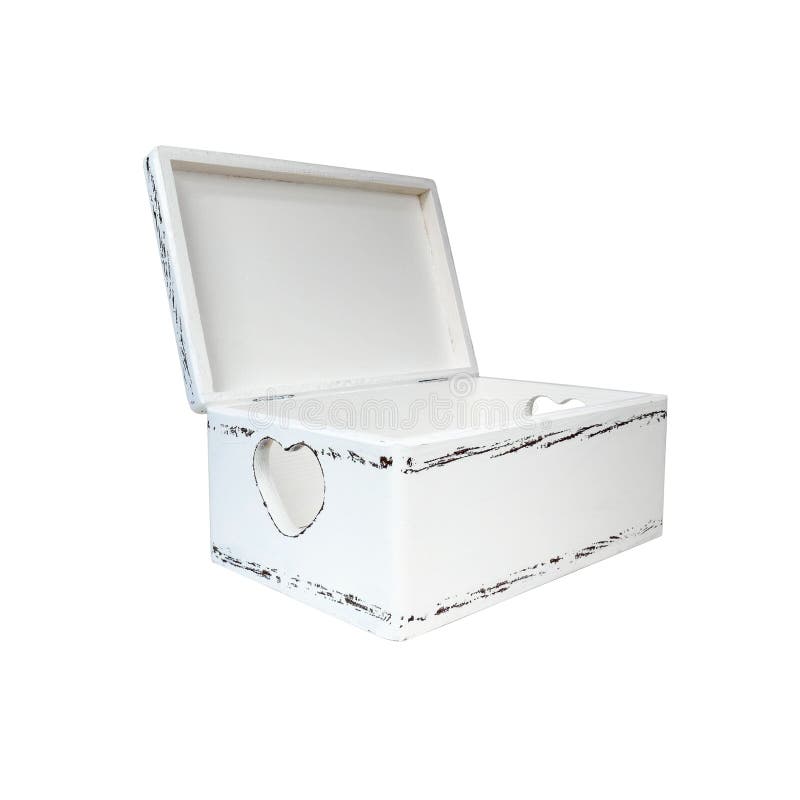 Handmade wooden white box with opened lid - shabby chic isolated on white background stock image Handmade wooden white box with opened lid - shabby chic isolated on white background stock image