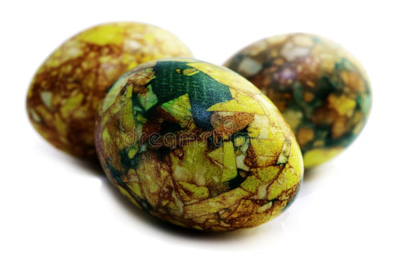 Handmade Yellow Green Easter Eggs Painted Marbled Over White Background