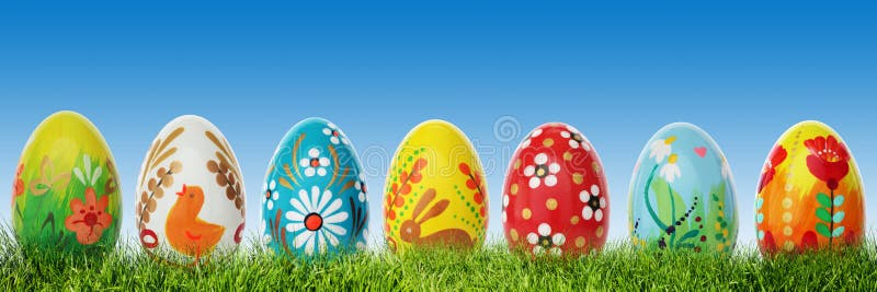 Hand painted Easter eggs on grass. Panorama, banner. Floral, colorful spring patterns and designs. Traditional, artistic and unique. Hand painted Easter eggs on grass. Panorama, banner. Floral, colorful spring patterns and designs. Traditional, artistic and unique.