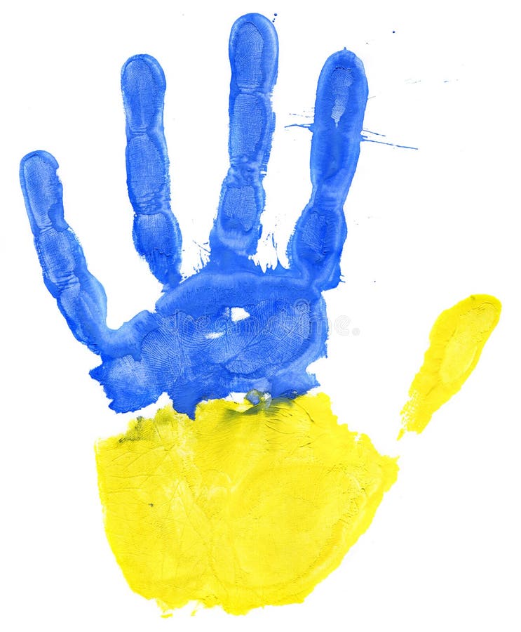Handprint van een Oekraïense vlag op een wit stock foto Handprint van een Oekraïense vlag op een wit stock foto