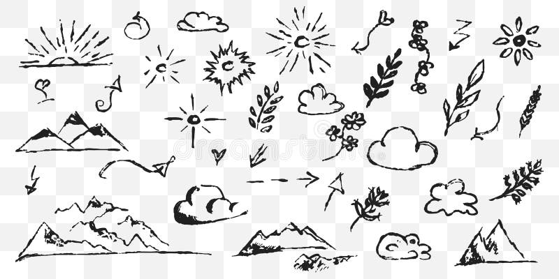 Handritad konstruktionselement. vektorillustration. dockdesign. Solmoln, bergbladspil och andra vektor illustrationer