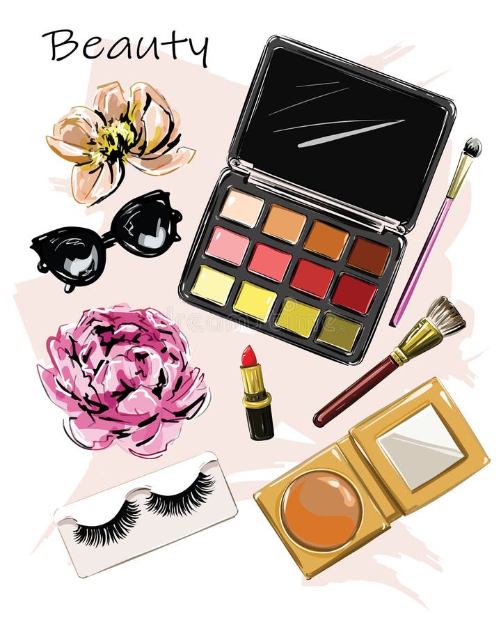 Hand drawn cute set with cosmetics. Eye shadow palettes, lipstick, brushes, false false lashes, sunglasses and flowers. Vector illustration. Hand drawn cute set with cosmetics. Eye shadow palettes, lipstick, brushes, false false lashes, sunglasses and flowers. Vector illustration.