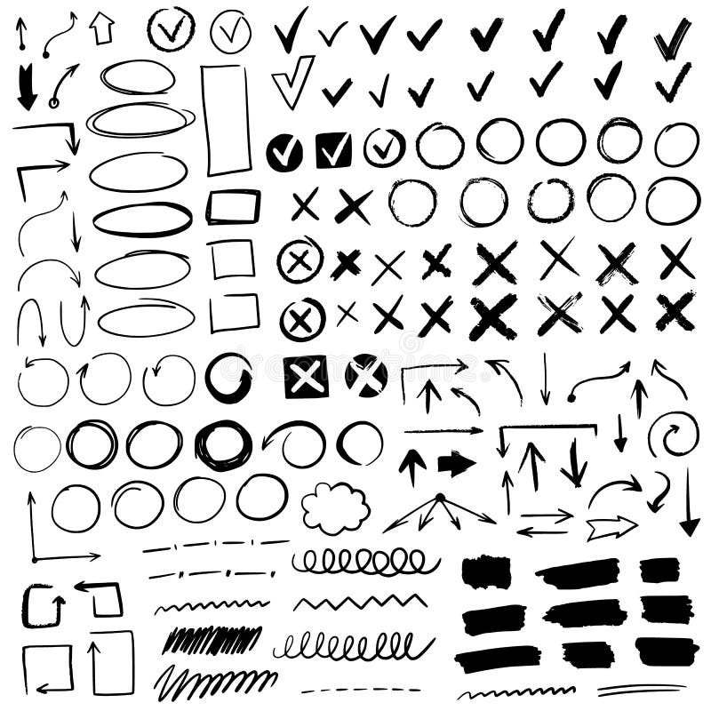 Handritade kontrolltecken. doodla svarta bockmarkeringar och understryker tvärcirkelmarkering för listobjekt ja eller nej