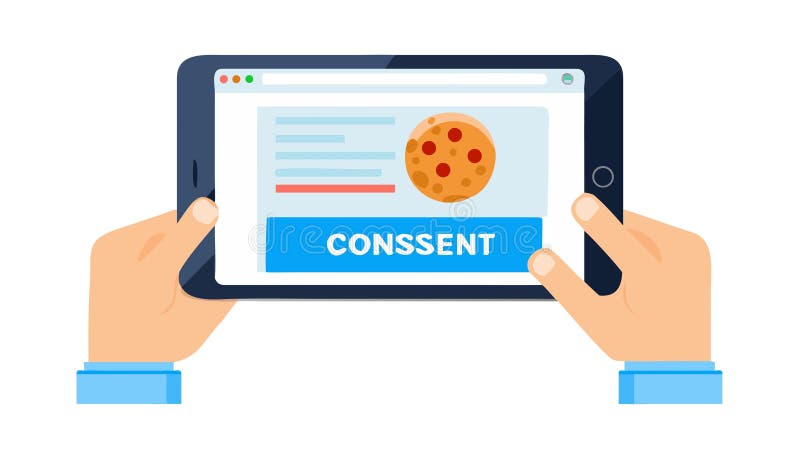 A flat vector icon showing two hands interacting with a tablet screen, tapping on a CONSENT button next to a cookie. This represents explicit data privacy agreement, cookie acceptance, and digital user rights. Critical for GDPR compliance and online user experience. Clear and emphasizes user control, vector design Generative AI. User consent vectors