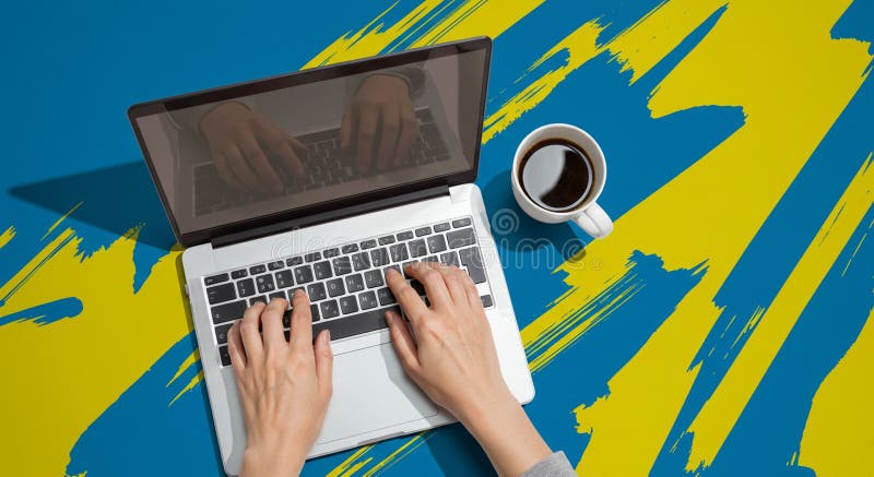 Hands of an adult typing on a laptop with a reflective screen, showing a partial reflection royalty free illustration