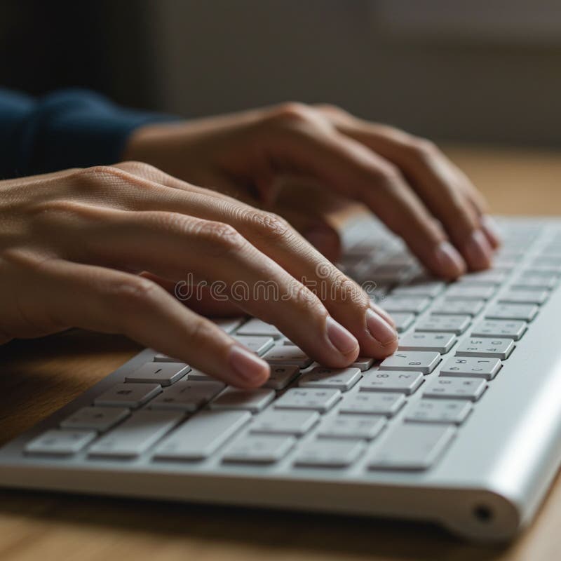 Hands of an adult typing on a white computer keyboard. The keyboard features a standard QWERTY layout with visible number keys. The wooden surface adds warmth, complementing the soft lighting that highlights the fingers movement. The hands appear focused, engaged in typing, with a slight blur suggesting motion. The atmosphere conveys a sense of concentration and productivity, common in work or study environments.