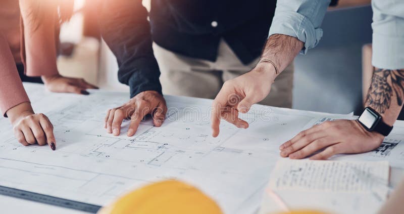 Hands, architect and blueprint sketch with clients for floor plan, drawing or renovation meeting of building royalty free stock image