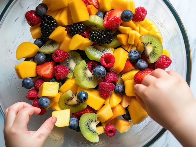 Hands Assembling a Colorful Fruit Salad with Bright Chunks of Mango ... Hands Assembling a Colorful Fruit Salad with Bright Chunks of Mango ...