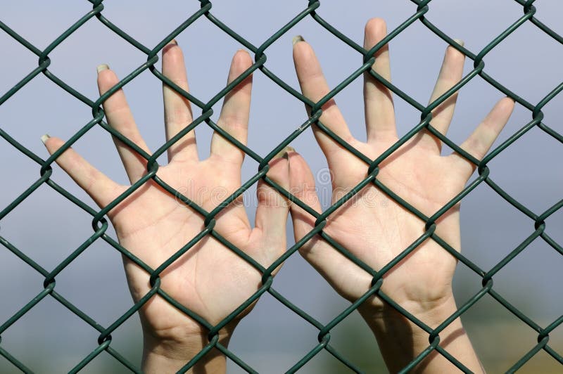 Hands behind chain link