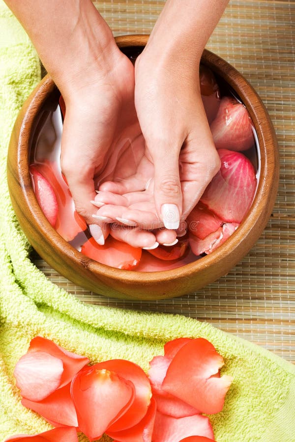 Hands in Bowl of Water with Petals Stock Image - Image of purity ...