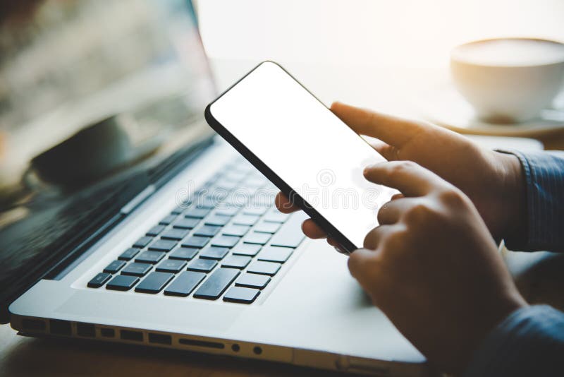 Hands Business Holding Blank Screen Mobile in Desk Work Stock Photo