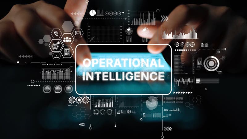 Hands of a Business Professional Interacting with Digital Screen Featuring Operational Intelligence Concepts and Data royalty free illustration