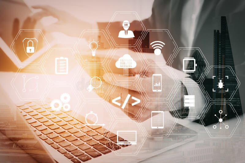 Coding software developer work with augmented reality dashboard computer icons of scrum agile development and code fork and versioning with responsive cybersecurity. businessman using mobile phone in modern office. Coding program data stock images, royalty-free photos and pictures