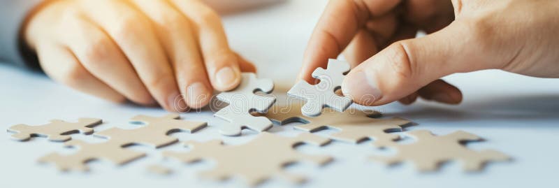 Hands carefully position puzzle pieces. Collaboration of two people create strategic plan. Teamwork, innovative approach in royalty free illustration