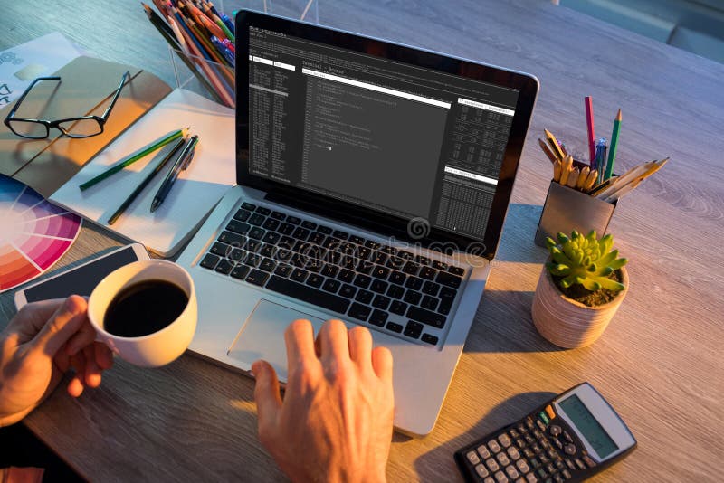 Hands of Caucasian Male Programmer Sitting at Desk and Using Laptop ...