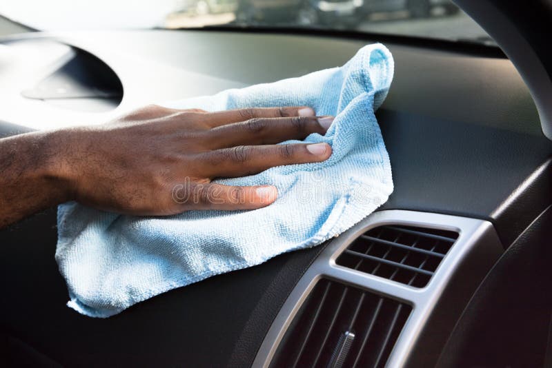 Hands Cleaning Car Interior with Blue Cloth Stock Image Image of