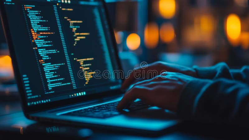 Hands coding on laptop with dark background royalty free stock photos